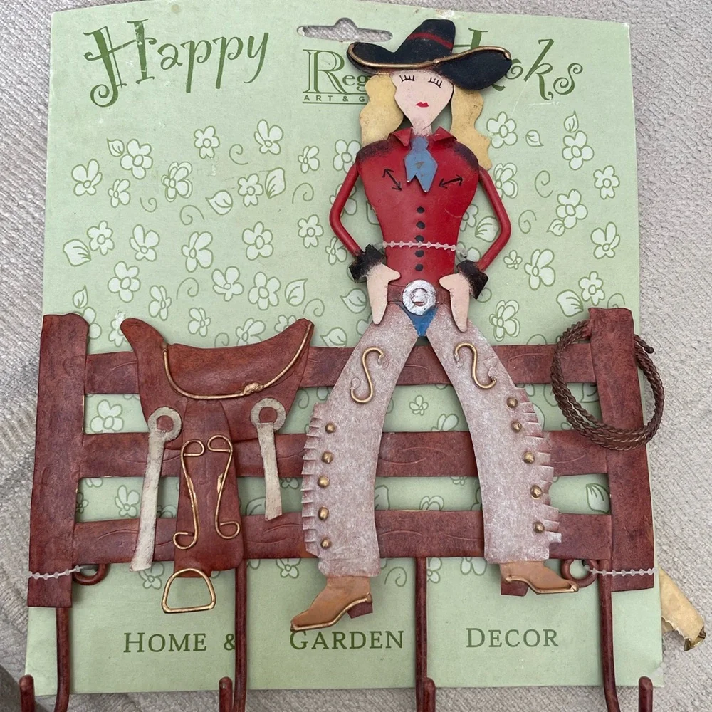 Hanging key hook Cowgirl Metal Wall Decor. Four hooks for keys. Hang anything.